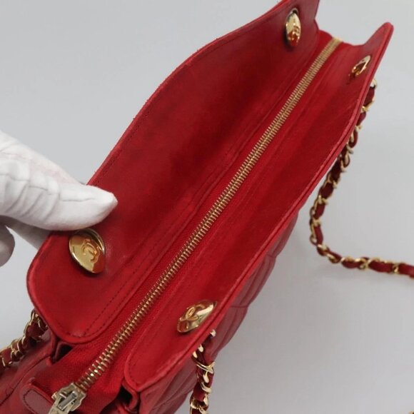 CHANEL Matelasse Chain Shoulder Bag Lamb Skin Gold Red CC Auth - Picture 8 of 16